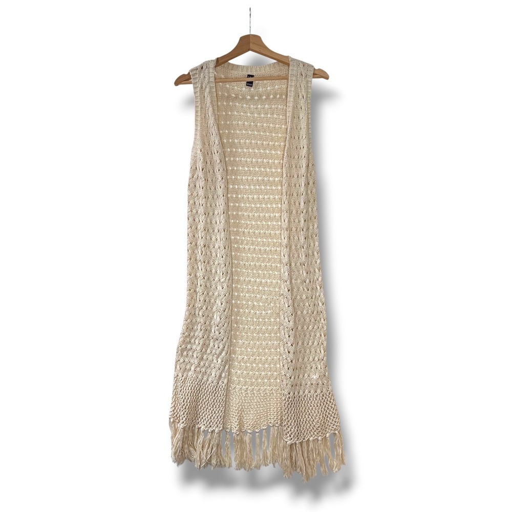 Windsor Cream Crochet Longline Fringe Vest Open Knit Duster Women's M/L Boho